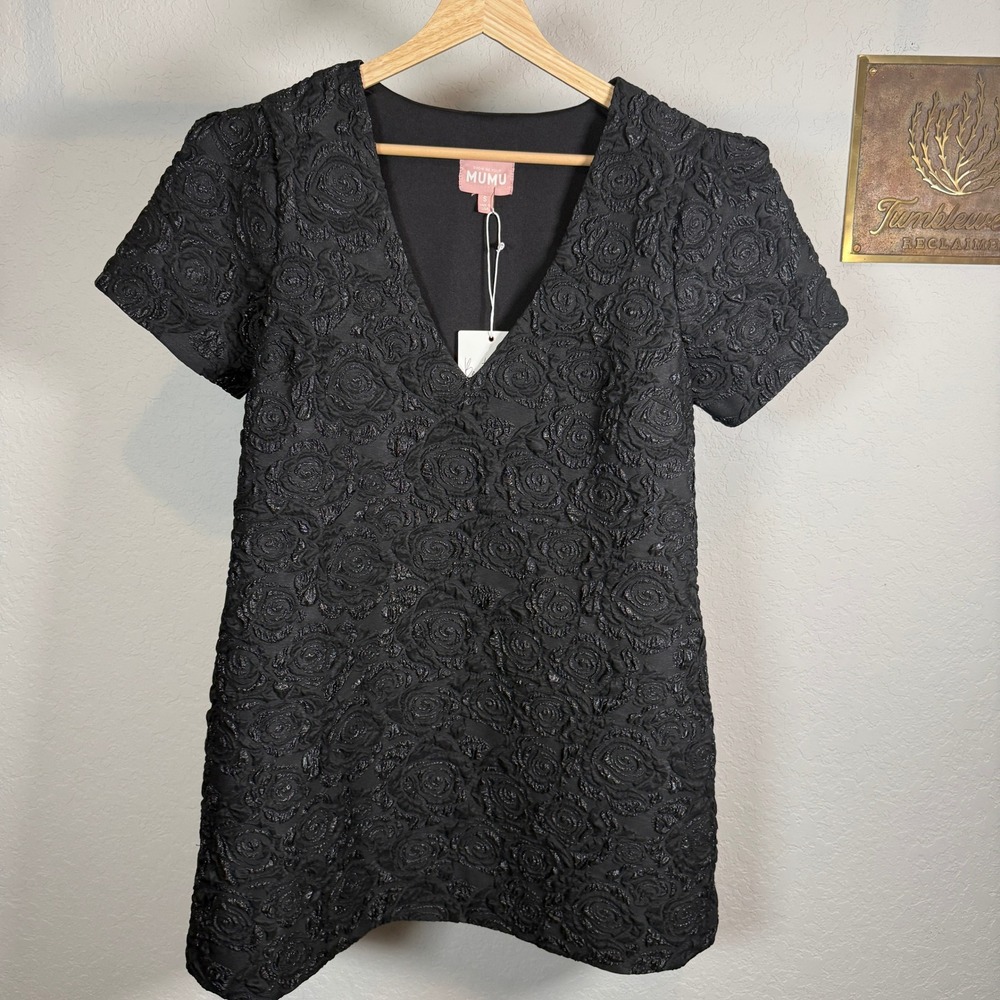 Show Me Your Mumu Black Rose Jacquard Metallic V-Neck Mini Dress Womens Small‎ - Picture 2 of 10